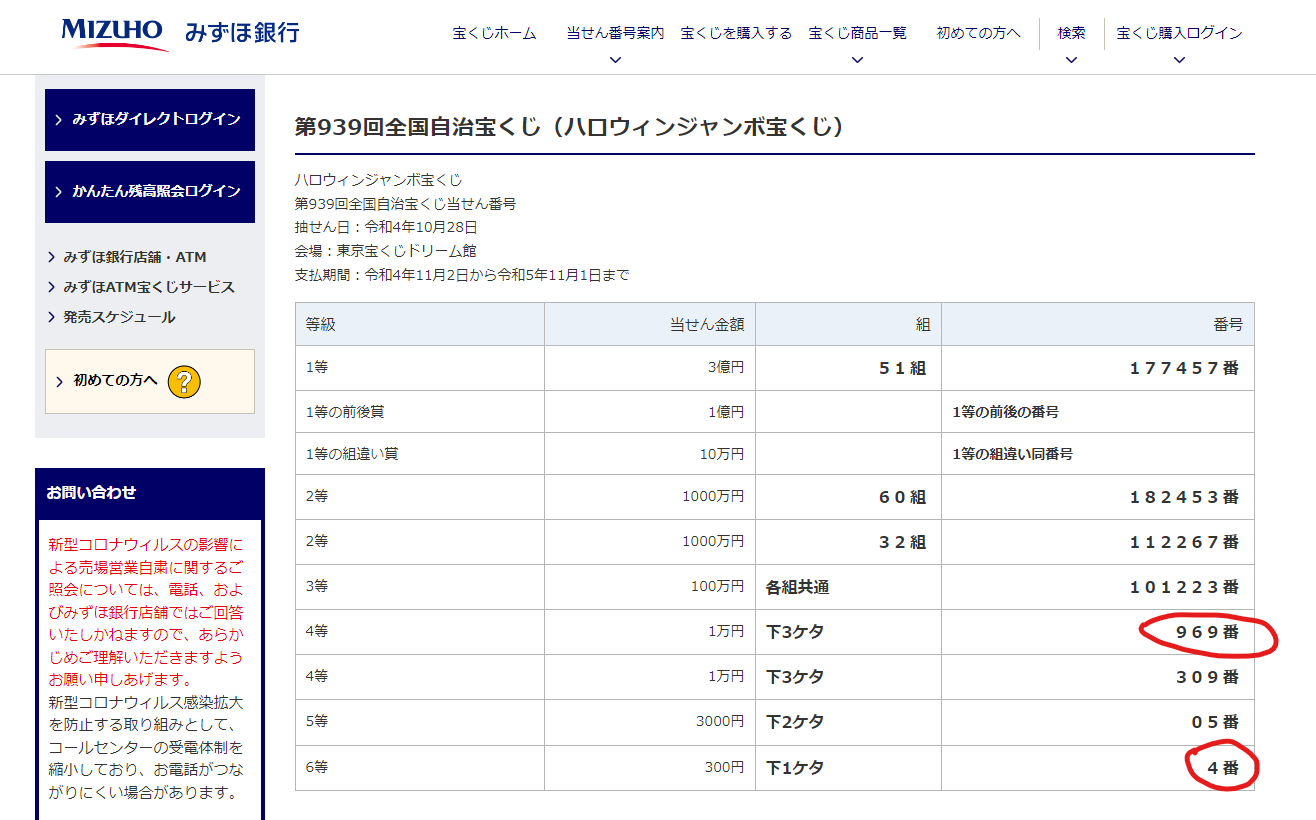 939回ハロウィンジャンボ宝くじ当選番号